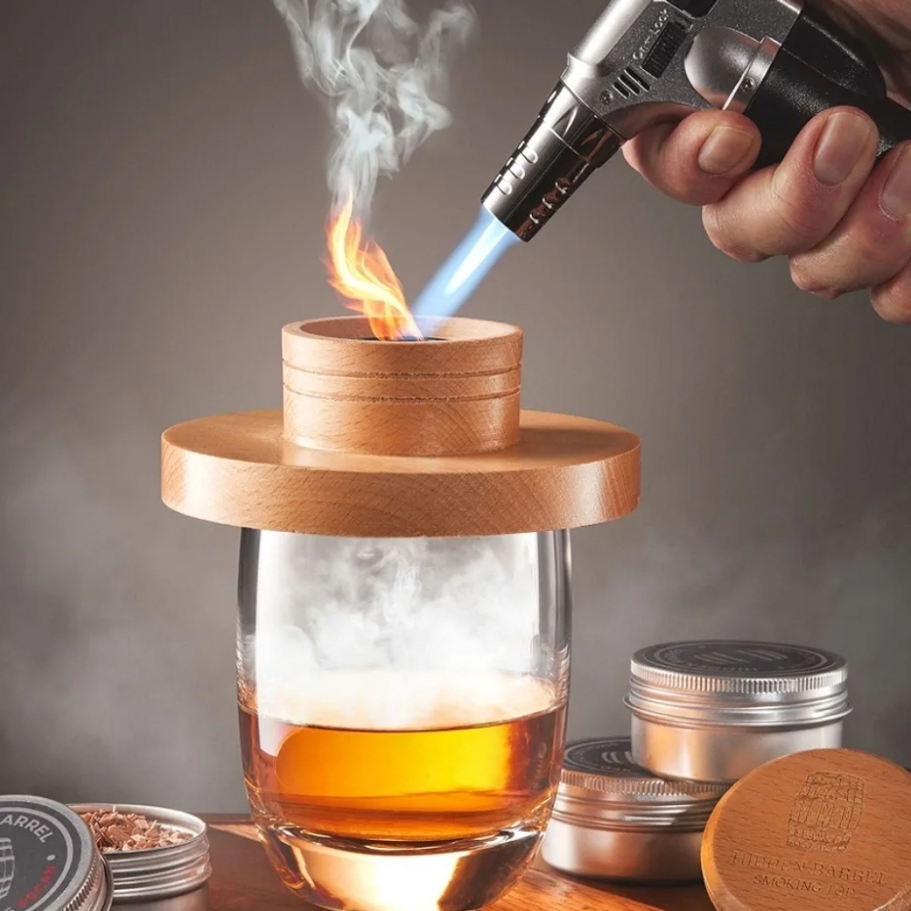 Cocktail Smoker Kit - wooden smoker & 8 tins of different flavored wood chips